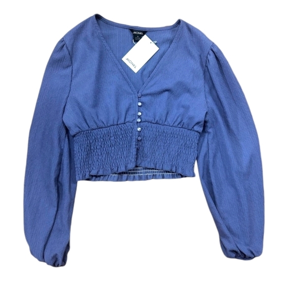 Monki by ASOS Blue Cropped V-Neck Smocked Blouse, Size M, New w/ Puff Sleeves - Picture 1 of 8